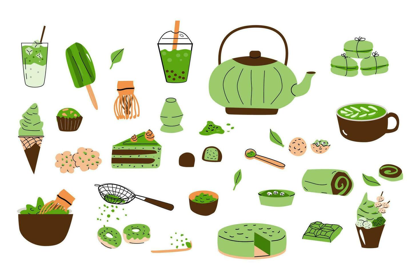 Cartoon matcha tea set of matcha powder, sweets, teapot, kitchen equipment for preparation. Vector illustration for recipe cooking book, stickers, wallpapers, tea labels, wrapping design.