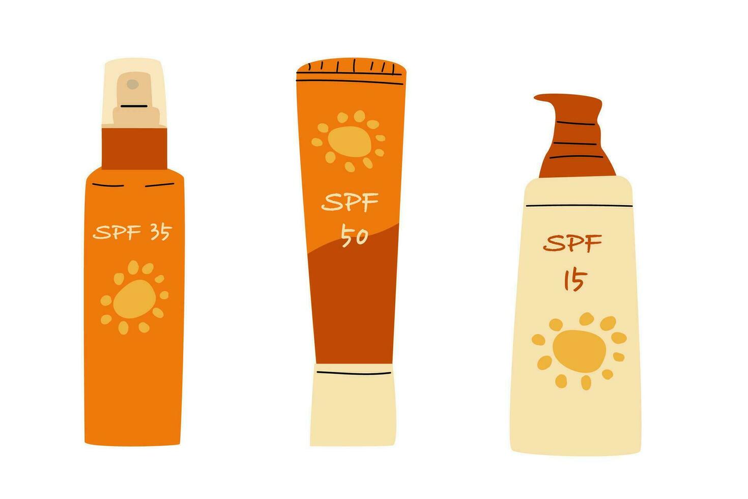 set of cthree cosmetics for sun protection in flat style. Vector illustration isolated, Set included creams, spray.