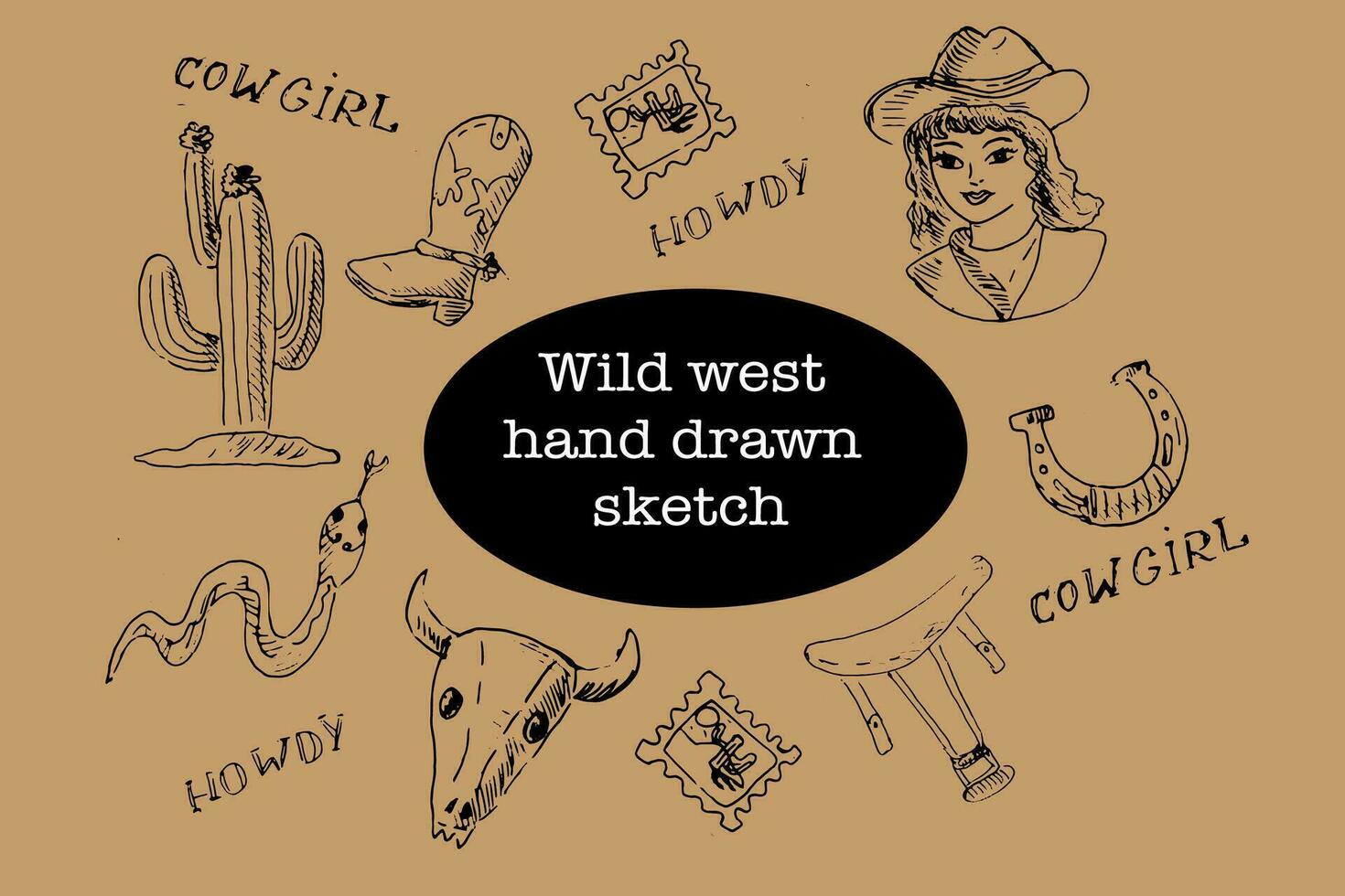 Wild west cowboy or cowgirl Hand drawn vector set. Vector illustration outline. Set included cowgirl, cactus, horseshoe, skull of animal, postage stamp, saddle, snake.