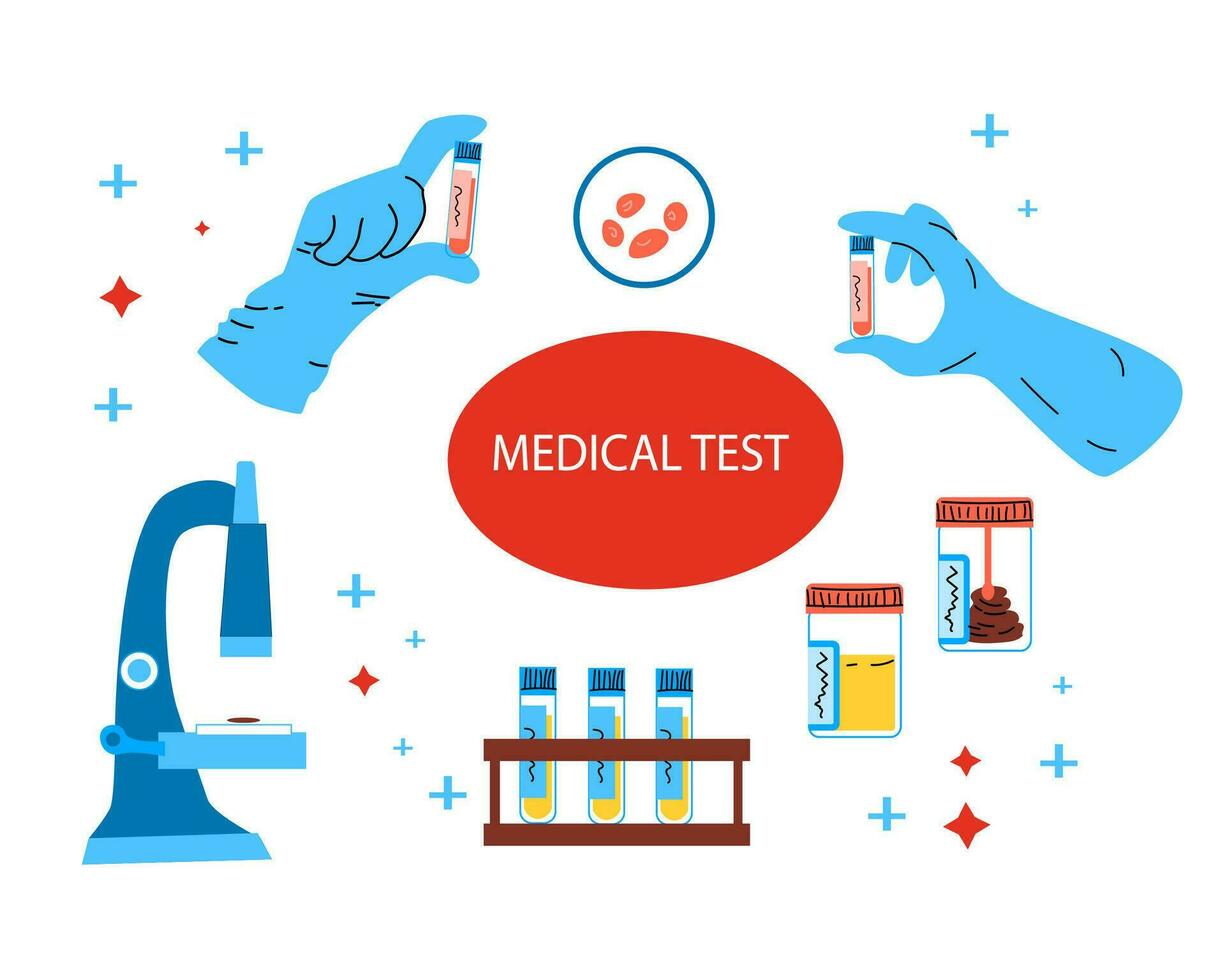 Medical test of blood, stool and urine background. Vector illustration isolated. Can used for medical banner, flyer.