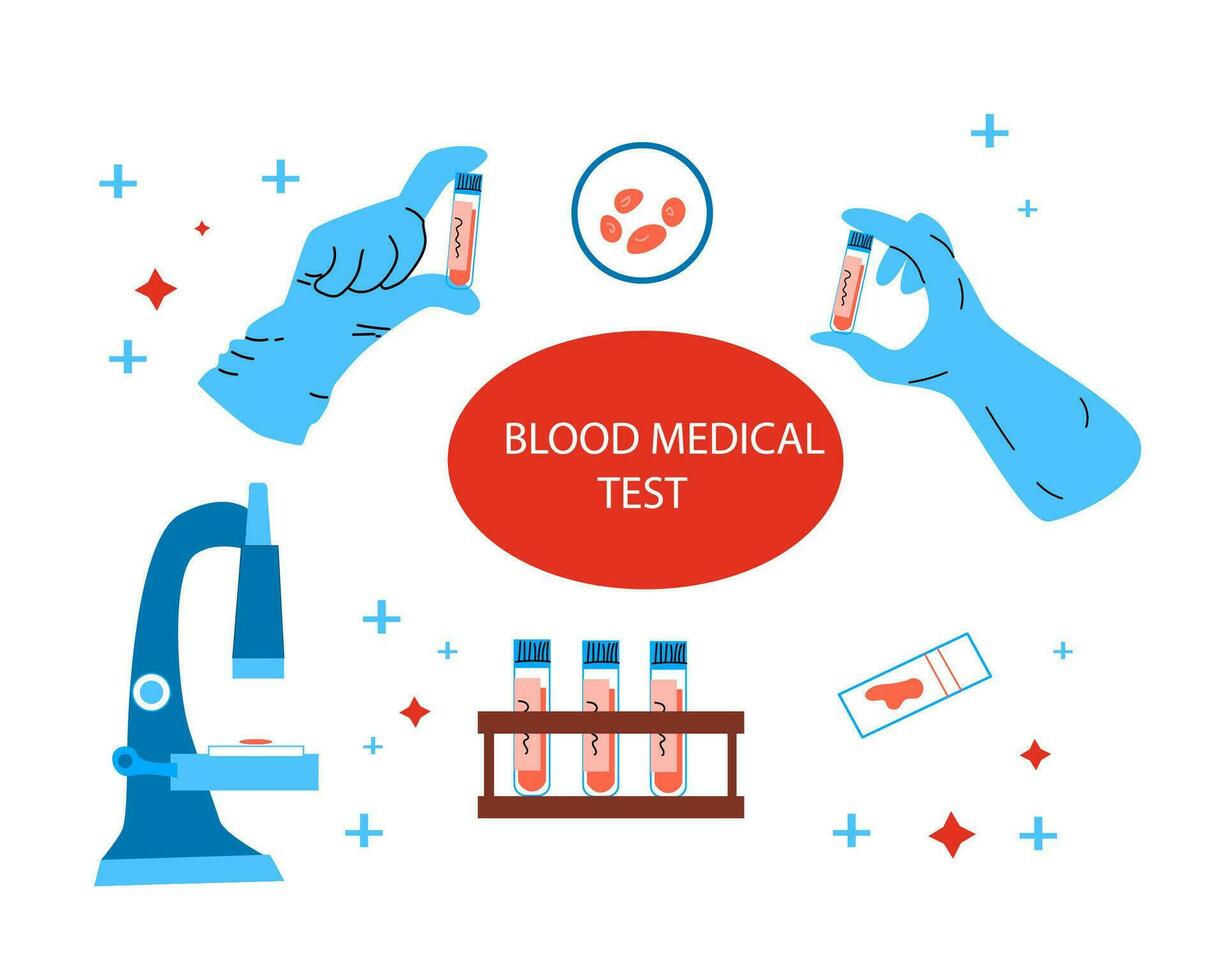 medical test blood background in cartoon style. Vector illustration in blue and red colors. Vector included medical tube, hand in gloves holding tubes and glass with blood, microscope.