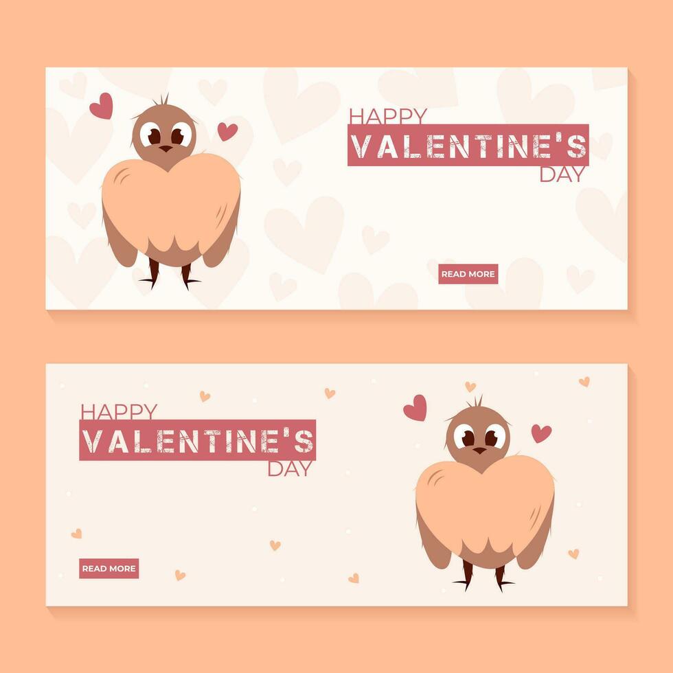 Set of hand draw banners with bird and hearts for Valentine's day. Happy Valentine's day and button read more. Peach fuzz, red, brow and pink colors.Cartoon and doodle style. Web vector illustration