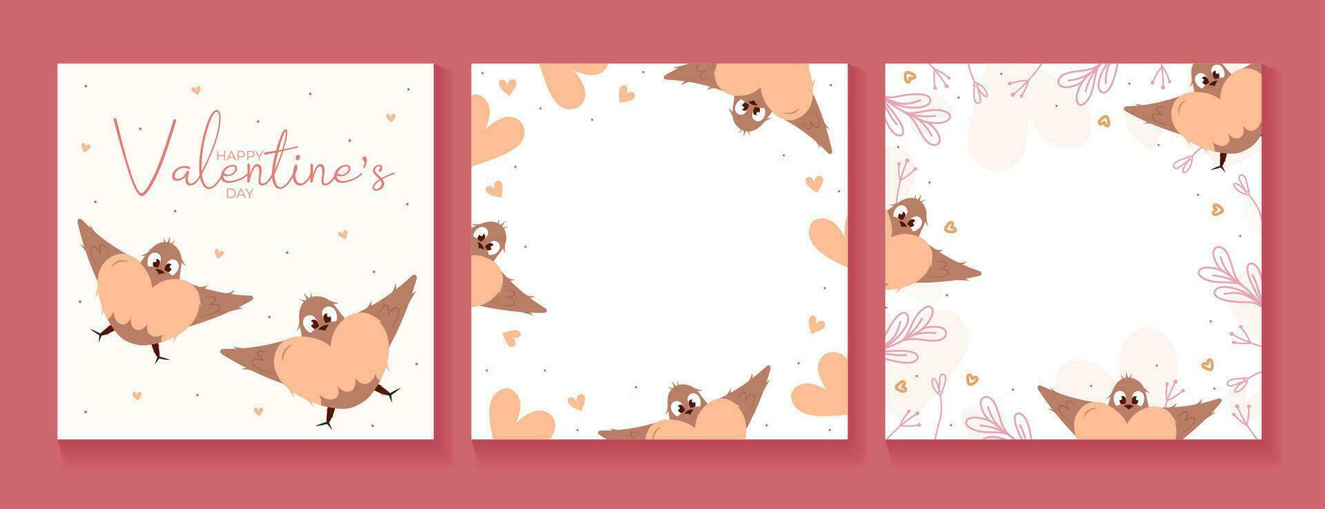 conjunto de enamorado social medios de comunicación enviar con pájaros, hojas y corazones. bandera con frase contento San Valentín día y Copiar espacio. melocotón pelusa, rosa, marrón colores. aislado en blanco. vector ilustración