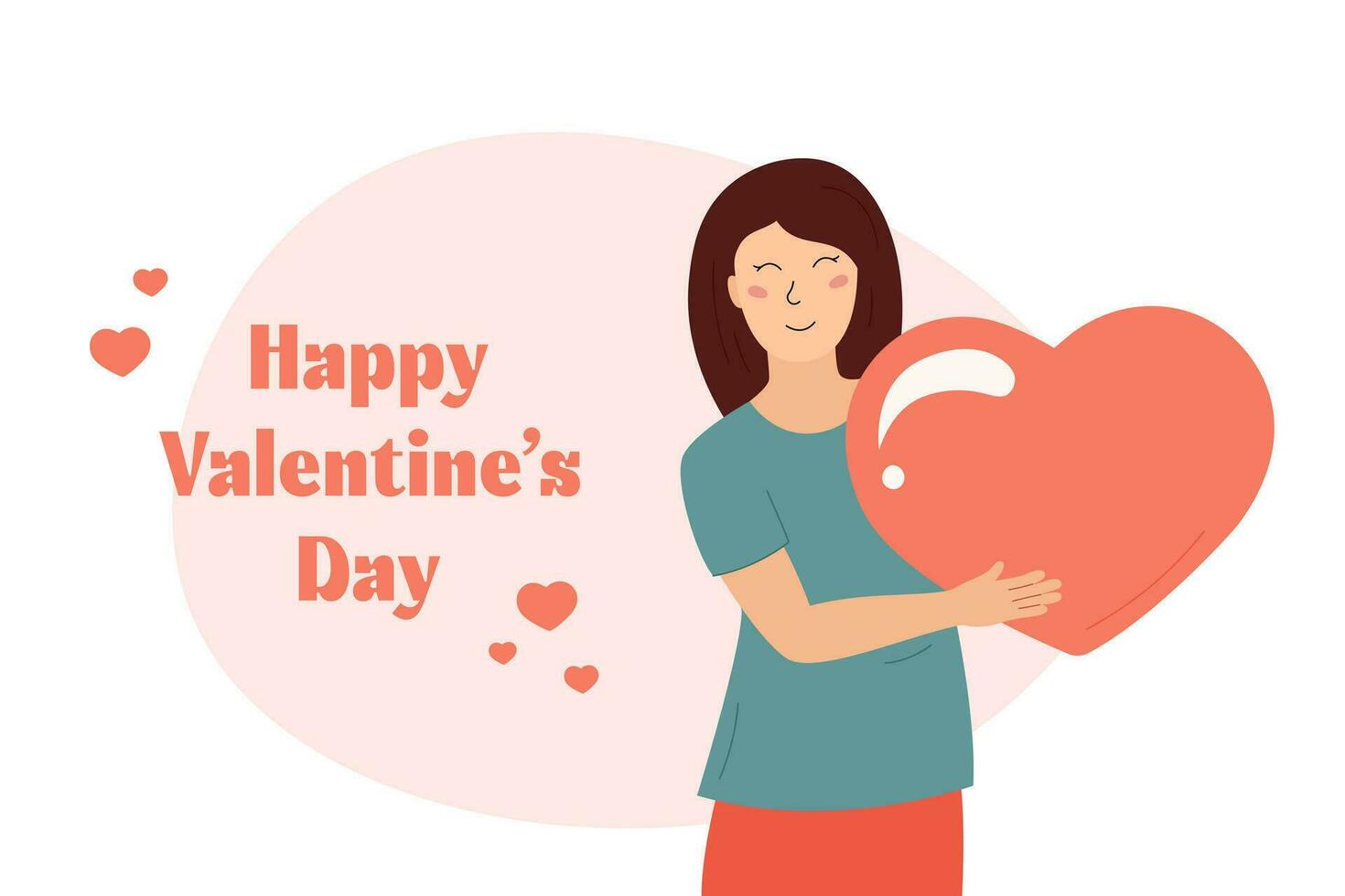 Happy Valentines Day greeting card. Smiling woman holding huge heart. Cute big Love symbol in hands of girl. Flat vector illustration. Valentine celebration romantic poster, banner