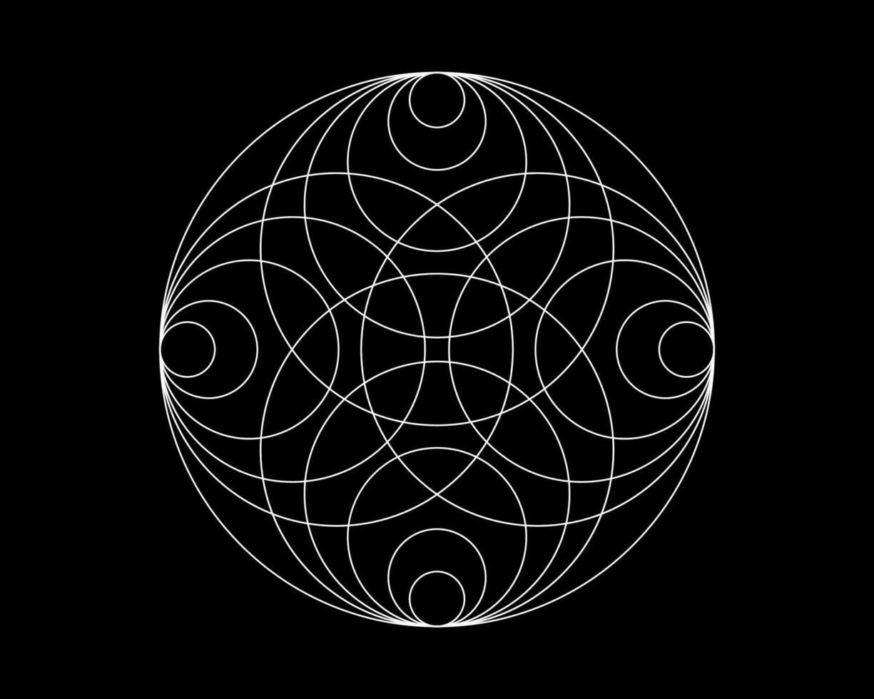 Sacred Mandala template to print and color. Round design element isolated on black background. Circle pattern in white color. Vector illustration for logo, tattoo, monogram, web-design, decoration