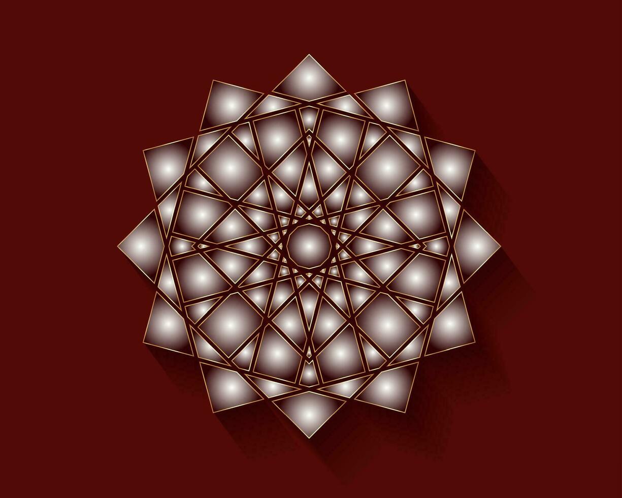 Mystical flower motifs, used in the Ottoman and Arabic periods. Sacred geometry, gold luxury star mandala, vector illustration. Twelve sided geometric, Arab jewel concept isolated on red background