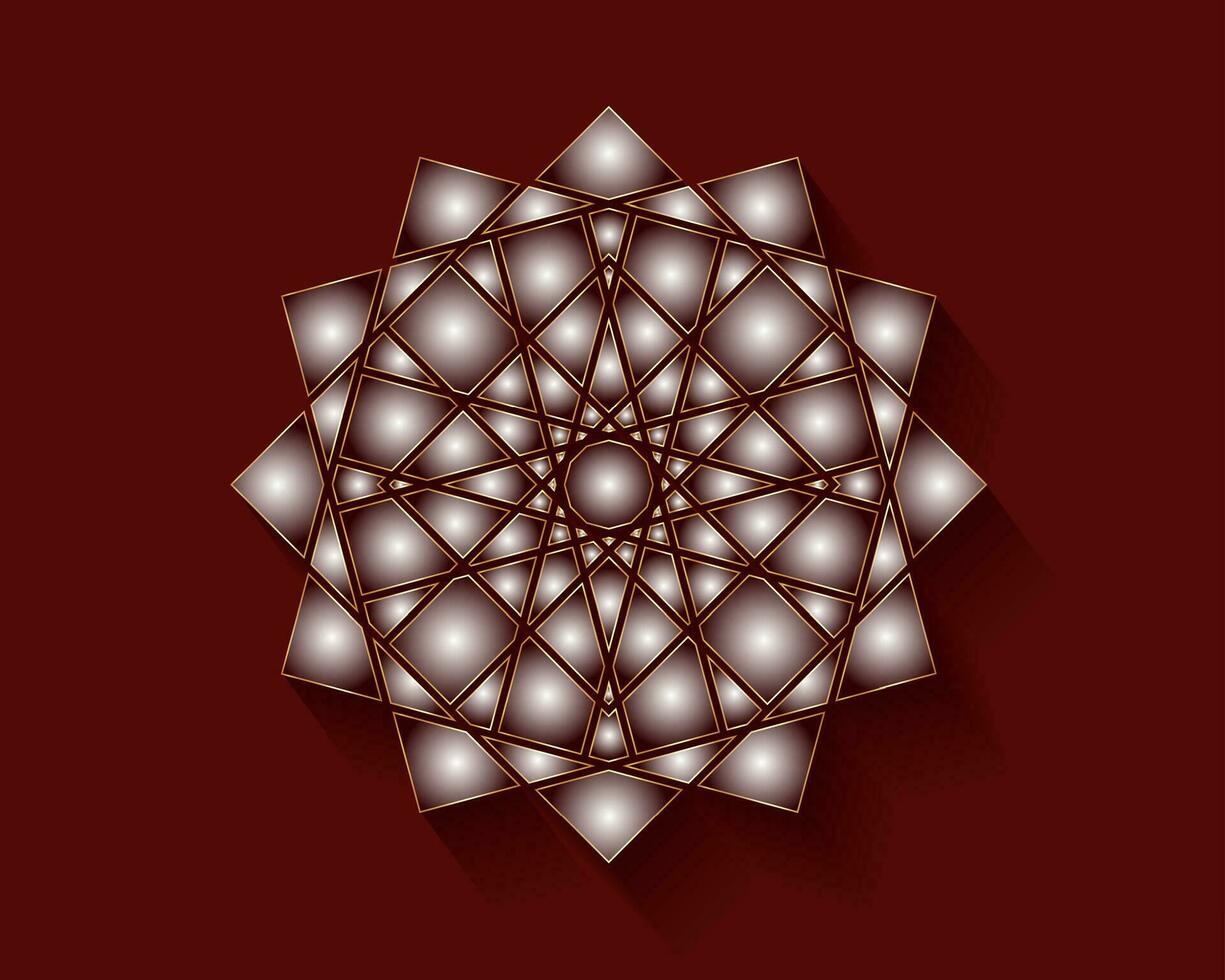 Mystical flower motifs, used in the Ottoman and Arabic periods. Sacred geometry, gold luxury star mandala, vector illustration. Twelve sided geometric, Arab jewel concept isolated on red background