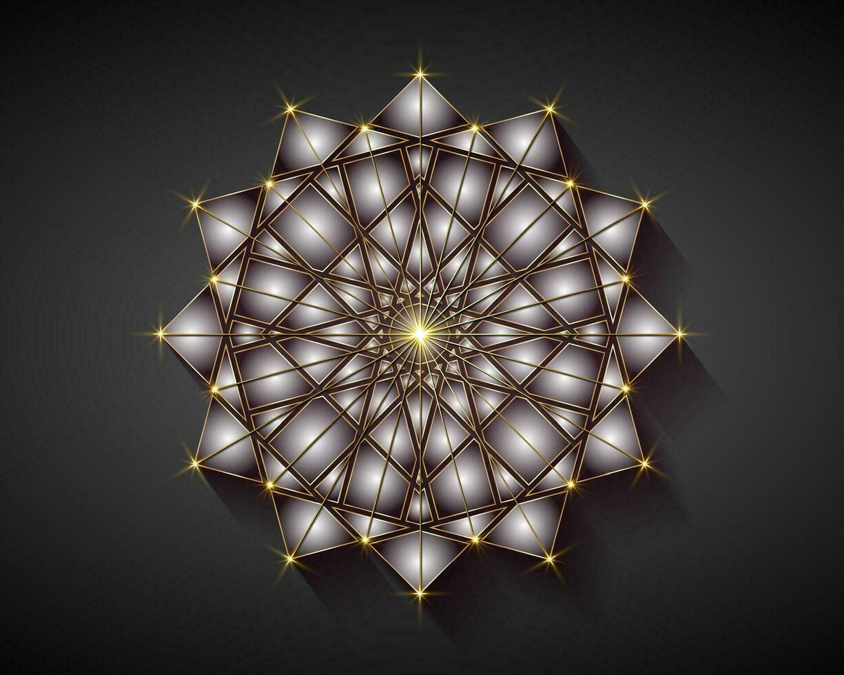 Mystical flower motifs, used in the Ottoman and Arabic periods. Sacred geometry, gold luxury star mandala, vector illustration. Twelve sided geometric, Arab jewel concept isolated on black background