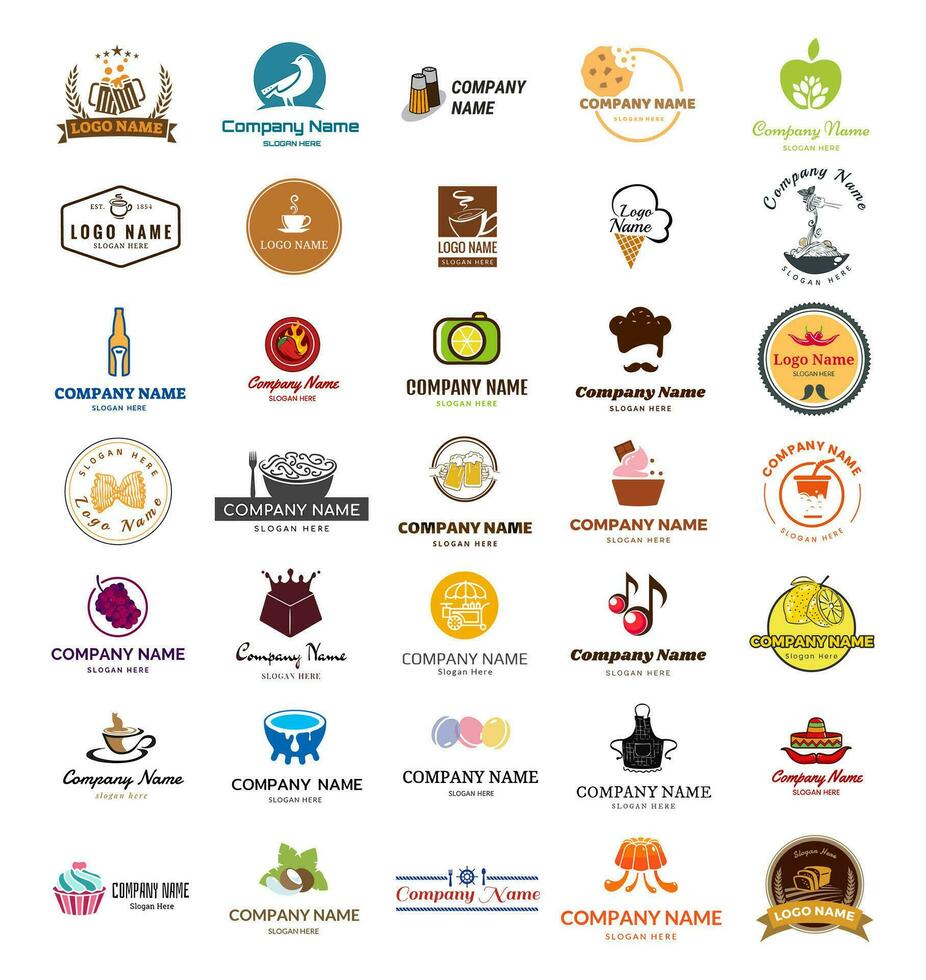 Logo mega collection. Food and drink vector logo set on various topics.