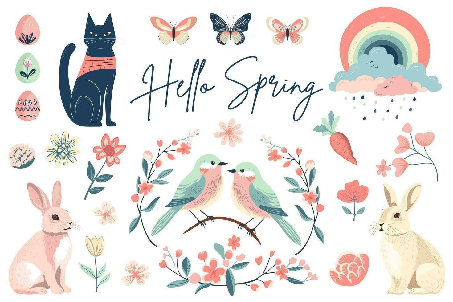 Spring collection. Hand drawn spring elements cat, flowers, bird, bunny. Vector illustration. Trendy spring design