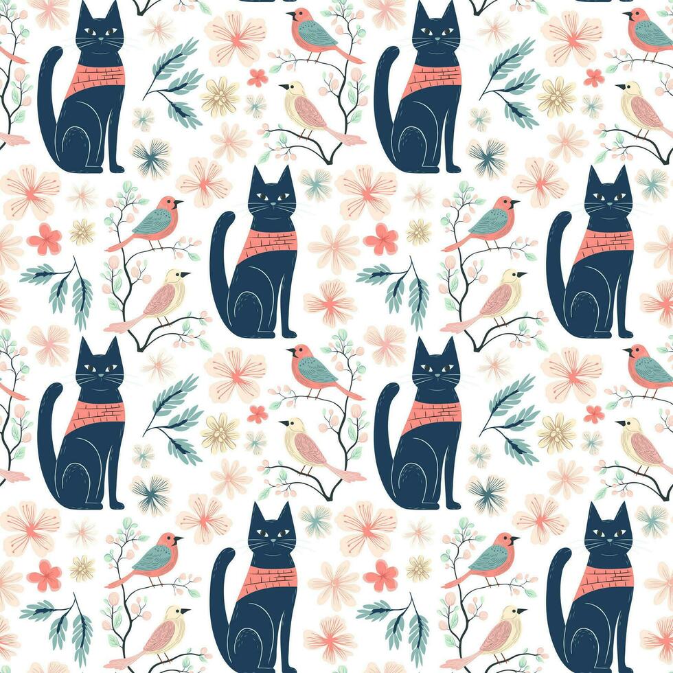 Vector seamless pattern with cats and birds. Spring backgrounds in folk style. Floral wallpaper