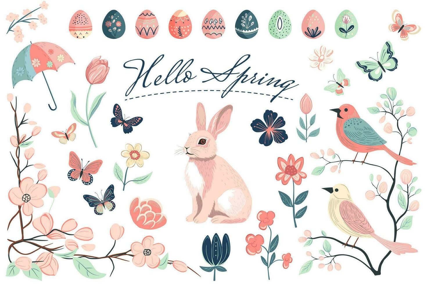 Spring collection. Hand drawn spring elements flowers, bird, bunny. Vector illustration. Trendy spring design