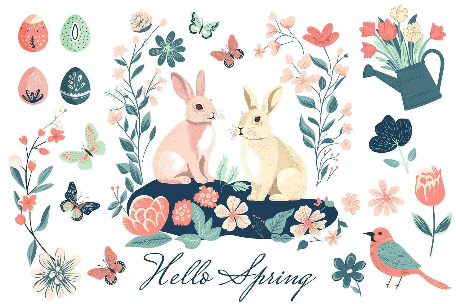 Spring collection. Hand drawn spring elements flowers, bird, bunny. Vector illustration. Trendy spring design