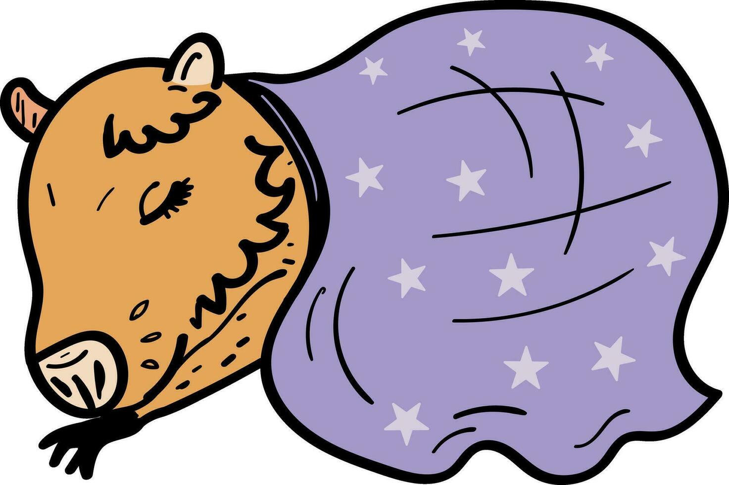 un dibujos animados carpincho dormido en un púrpura cobija vector