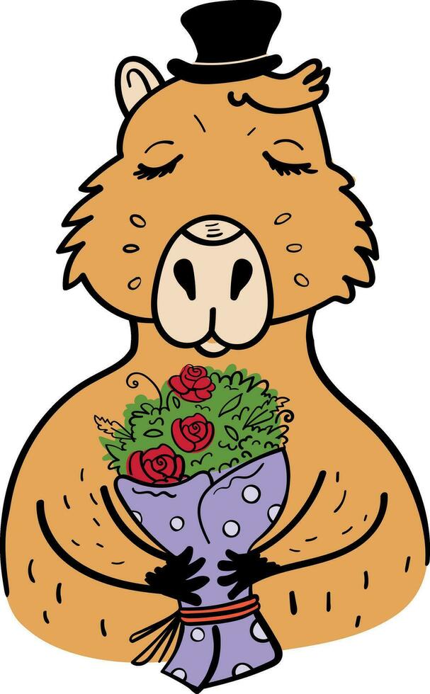 a cartoon capybara holding a bouquet of flowers vector