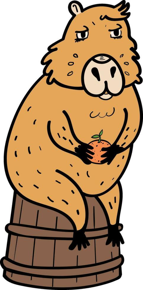 a cartoon capybara sitting on a wooden bucket with an orange vector