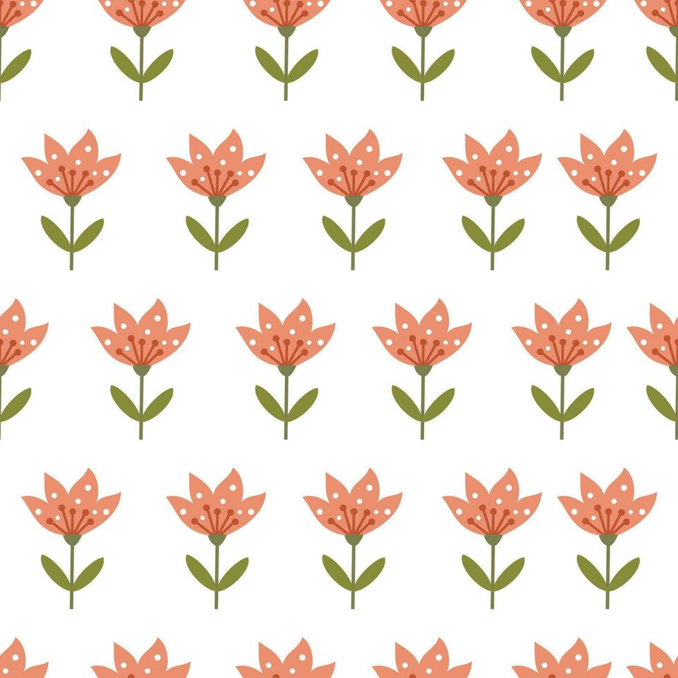 Seamless vector pattern in minimalistic style. Cute pink flowers in naive art.