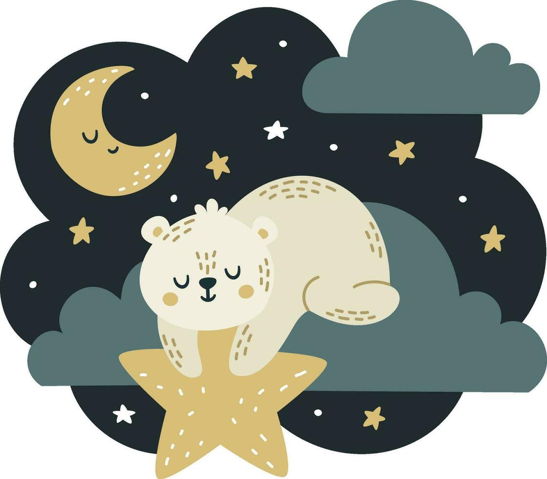 Flat vector illustration in children's style. Cute polar white bear sleeping on a cloud. Holds a star in his paws. Night sky and moon