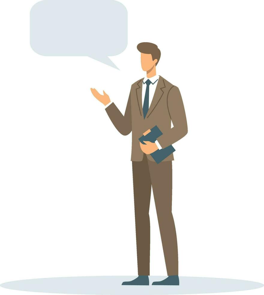 Flat vector illustration. A young man in a business suit holds a folder and says something. Place for your text in the speech bubble