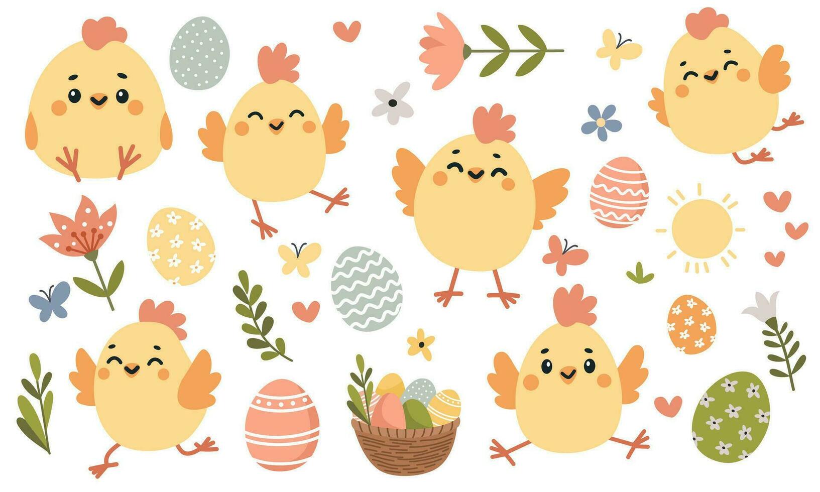 Set of flat vector illustrations for Easter day. Cute Easter chickens with Easter eggs, Easter basket and spring flowers