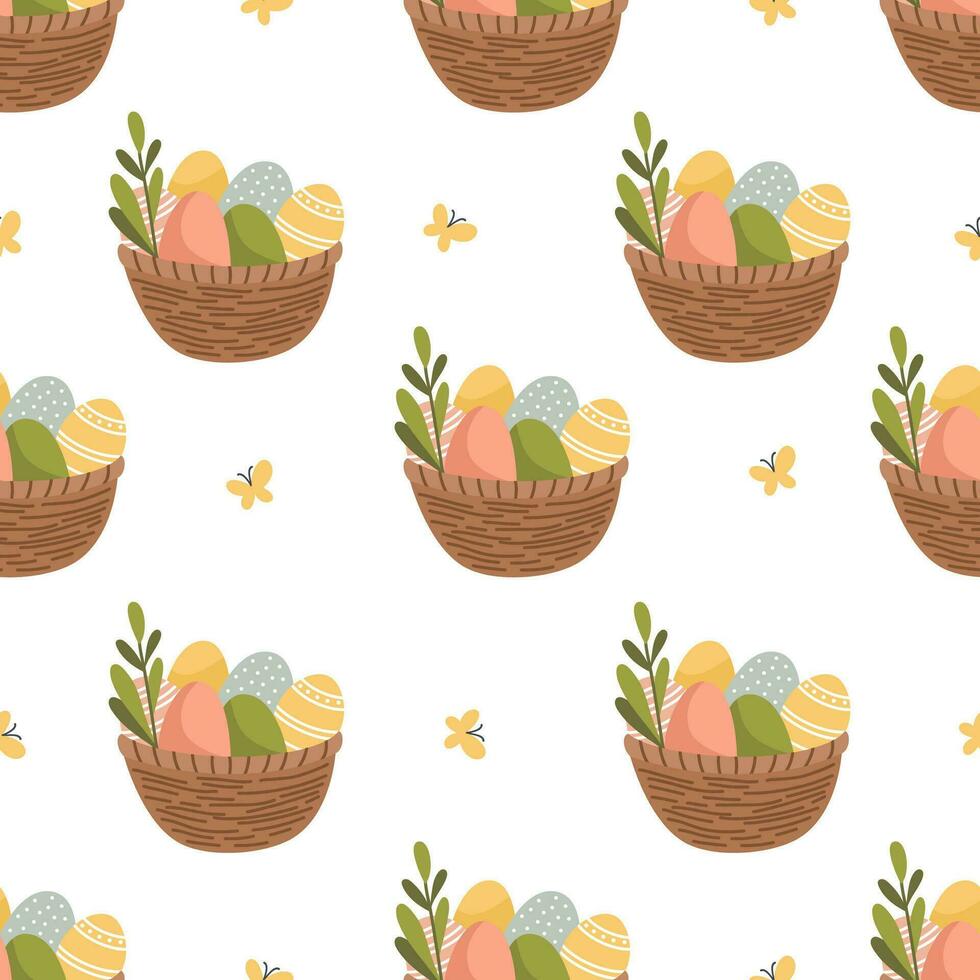 Seamless vector pattern for easter day. Baskets with Easter eggs and green lithiums, yellow butterflies