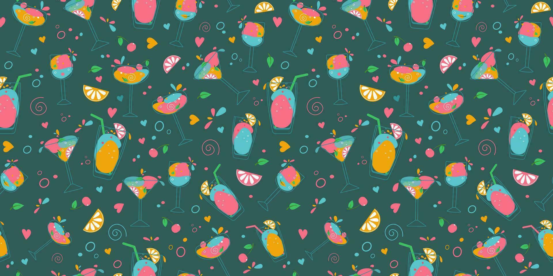 Pattern collection wine glasses. Delicious bright cocktails. Multi-colored drinks in glasses. Mixed cold drinks. Fresh exotic tropical beach bar. Alcohol, lemonade, drops of wine, hearts. vector