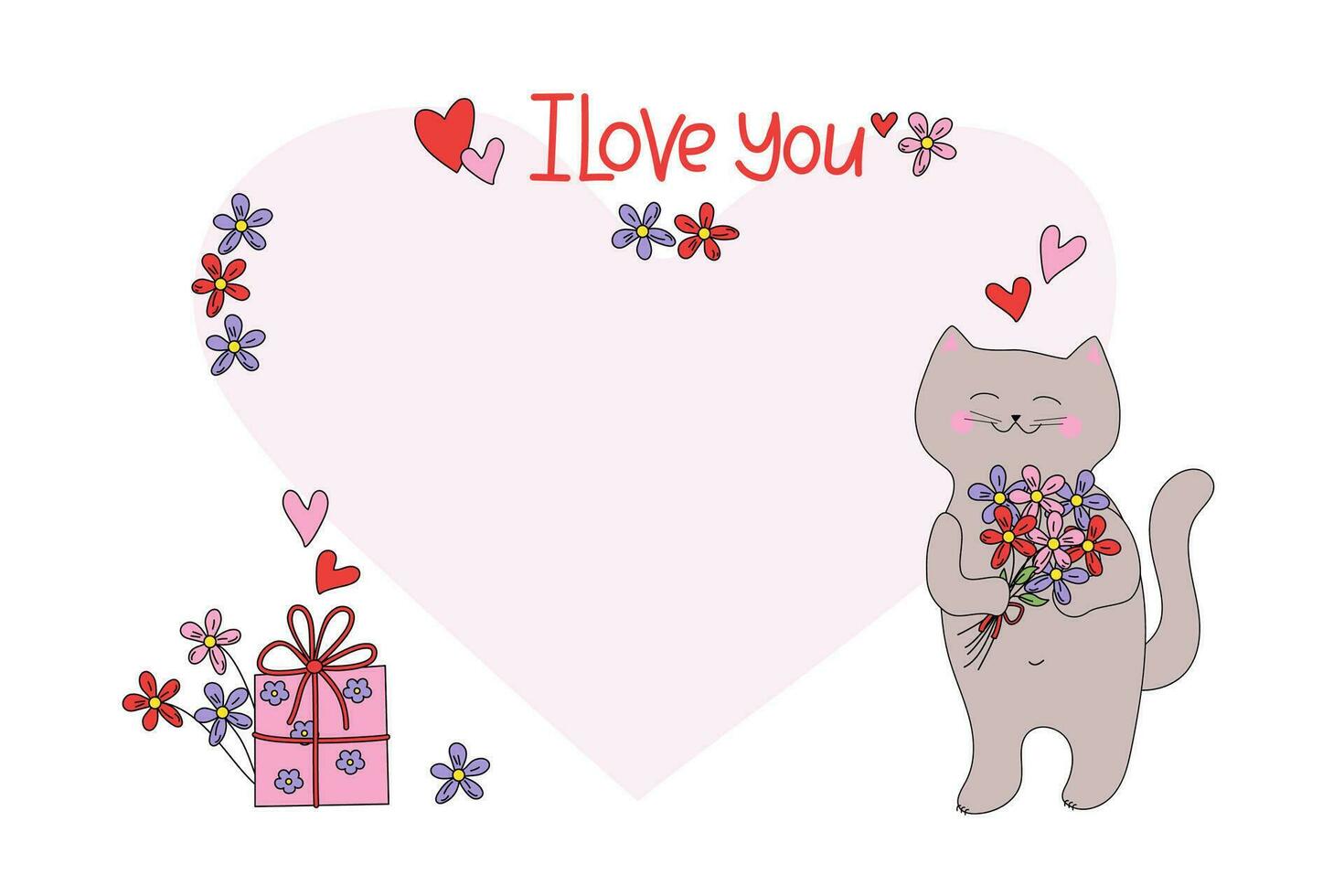 Valentine card, postcard. I love you, inscription. Cartoon cat with a gift and a bouquet of flowers and hearts. Cute kitten and gift box. Gift in festive packaging. Valentine's Day, wedding, birthday. vector