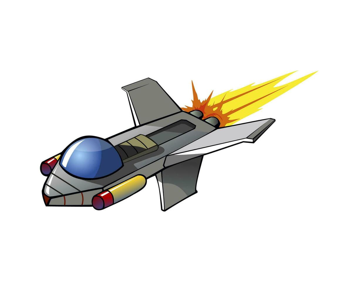 Spacecraft against white background. Science fiction rocket. Futuristic spaceship. Flying object. Image of aircraft. Children picture. Vector illustration.