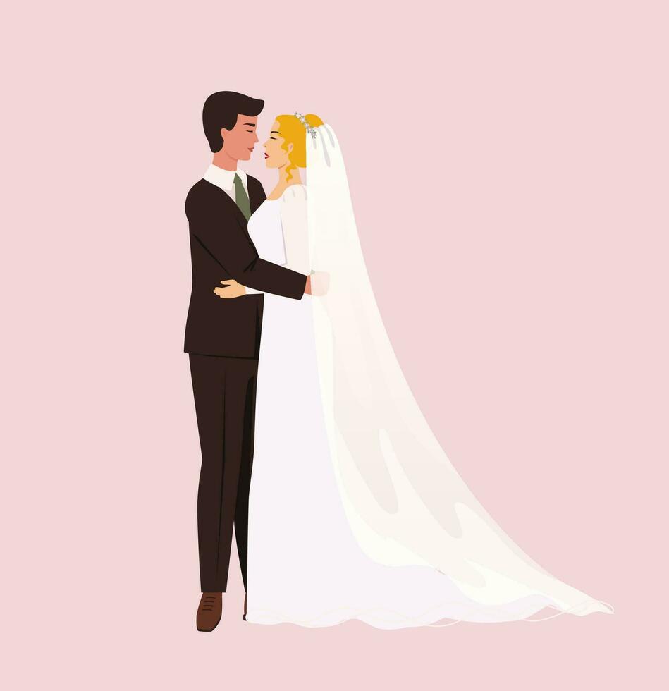 Hugging bride and groom isolated. Newlyweds cuddling. Wedding ceremony. Husband and wife just married. Vector banner design. Card.