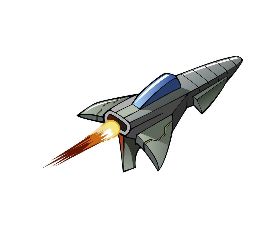Spacecraft against white background. Science fiction plane. Futuristic spaceship. Flying object. Image of aircraft. Children picture. Vector illustration.