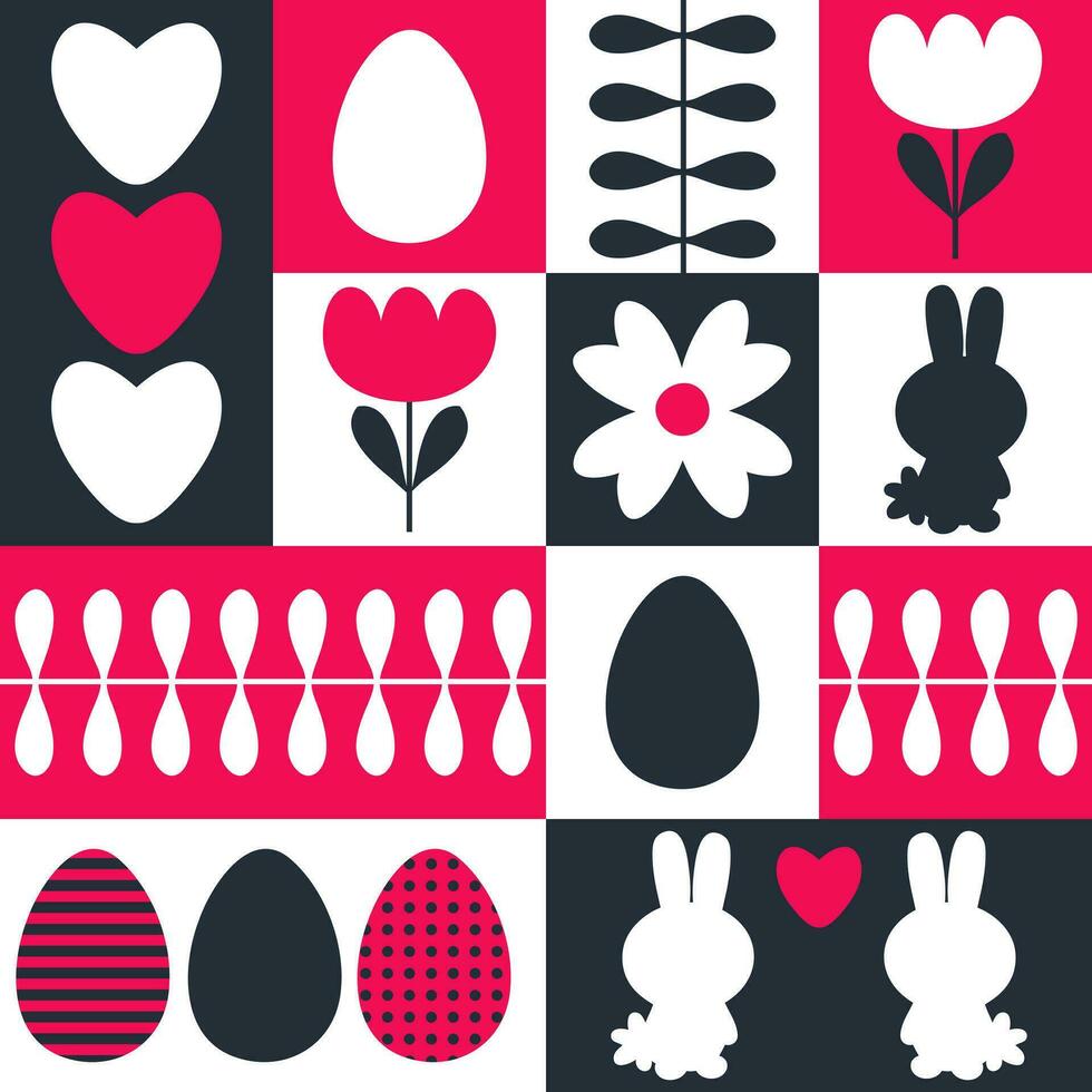 Romantic spring pattern with cute Easter bunnies and eggs in swiss style. Perfect print for poster, card, banner. Great design for any project. vector