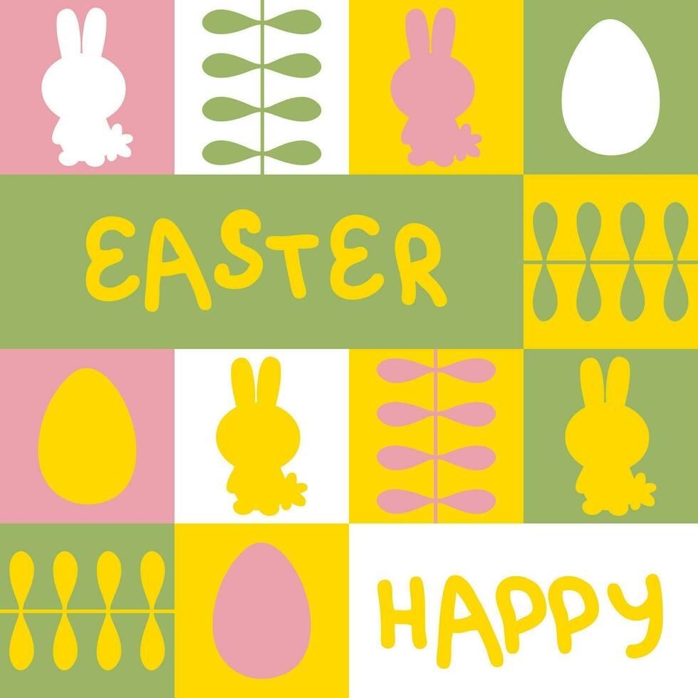 Happy Easter greeting text spring pattern with rabbits and eggs. Perfect print for poster, card, banner. Great design for any project. vector