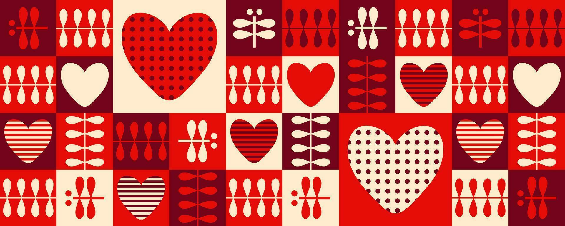 Romantic mug pattern with striped and dotted hearts. Checkered print for cup, mug, postcard, sticker, banner. Retro vector illustration.