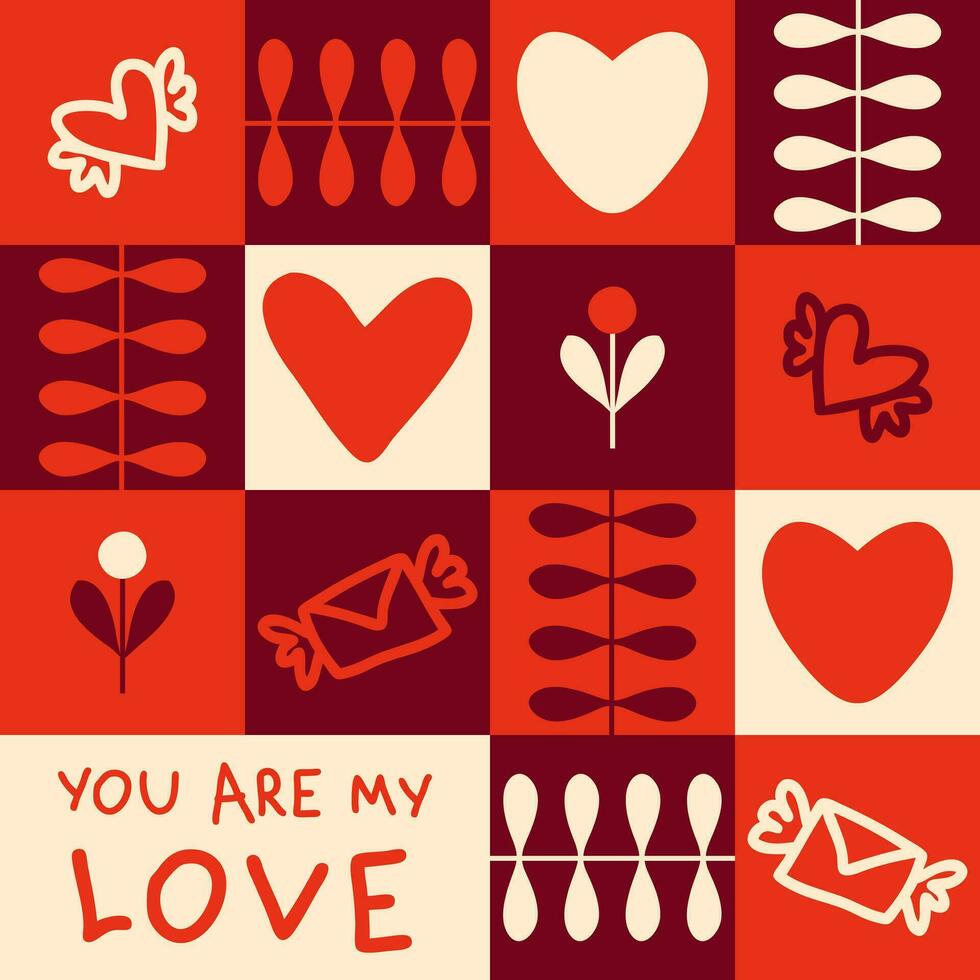 Romantic Valentine seamless pattern with hearts, flying letters and text. Checkered print for tee, paper, fabric, textile. Retro style vector illustration.