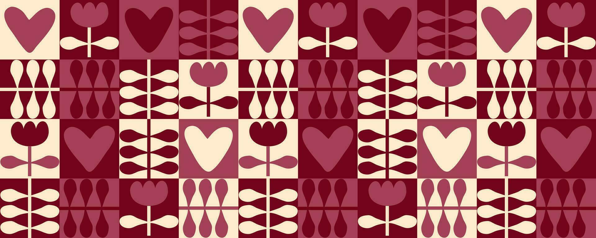 Bold style horizontal banner with tulip flowers and hearts. Geometric print for any purpose. Retro vector illustration.