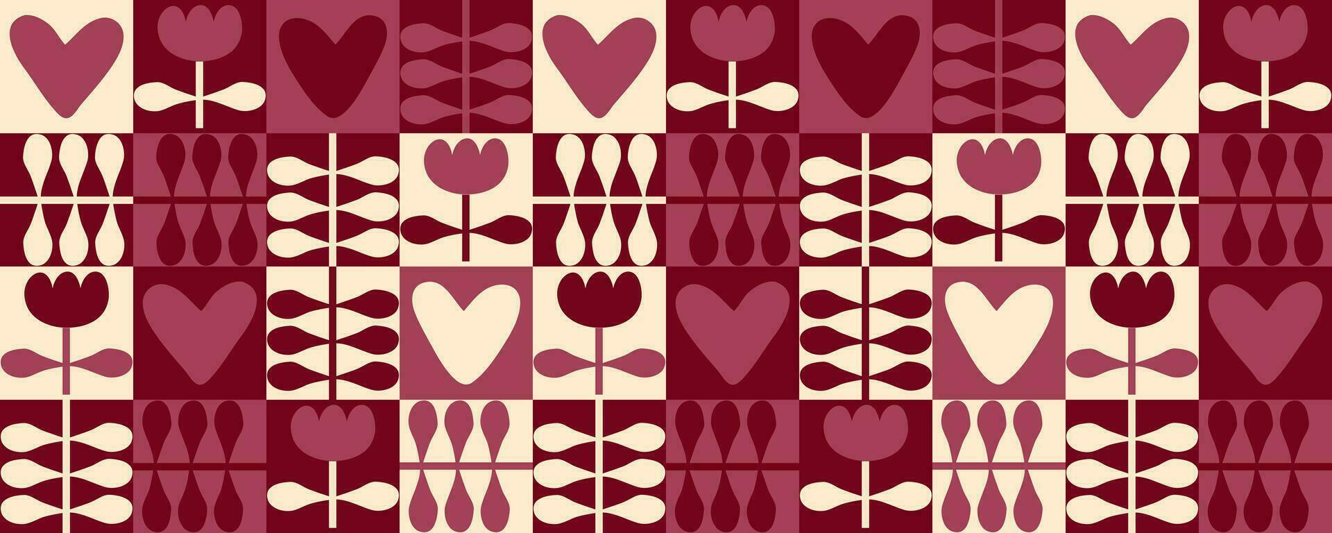 negrita estilo horizontal bandera con tulipán flores y corazones. geométrico impresión para ninguna objetivo. retro vector ilustración.