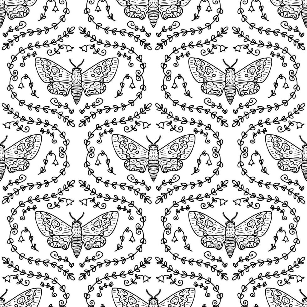 Acherontia atropos monochrome realistic doodle hawk moth seamless pattern. Perfect print for tee, paper, textile and fabric. vector