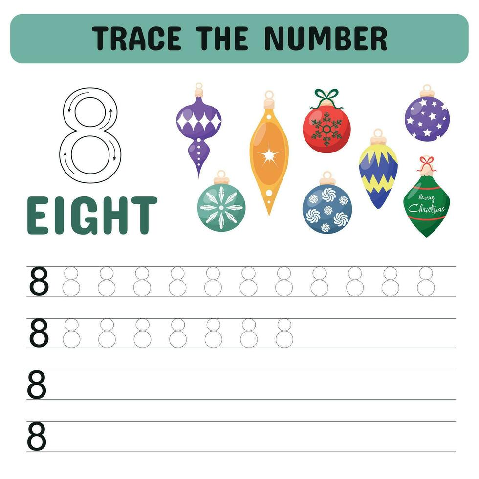 Trace the number . Tracing number worksheet for kindergarten, preschool for learning numbers and handwriting practice activities. Educational children game, printable worksheet. Vector illustration