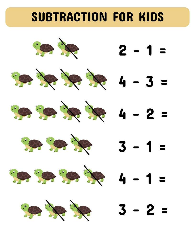 Subtraction game with turtles. Educational math game for preschoolers kindergarten. Matching game. vector