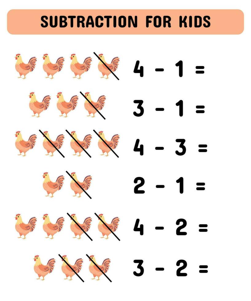 sustracción juego con pollos educativo matemáticas juego para preescolares jardín de infancia. vector