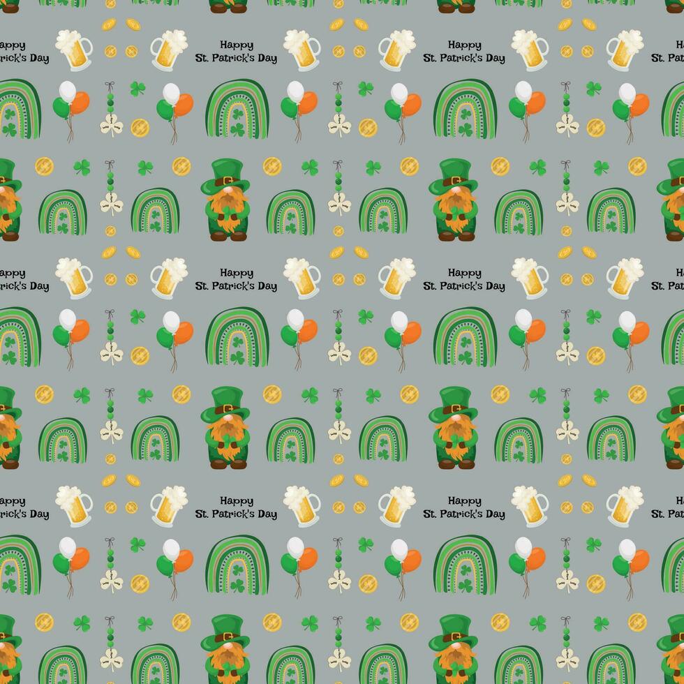 St. Patrick's Day seamless pattern with glasses of beer, rainbows, a leprechaun, coins and horseshoes on a light gray background. Vector illustration