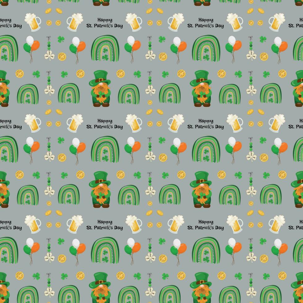 St. Patrick's Day seamless pattern with glasses of beer, rainbows, a leprechaun, coins and horseshoes on a light gray background. Vector illustration