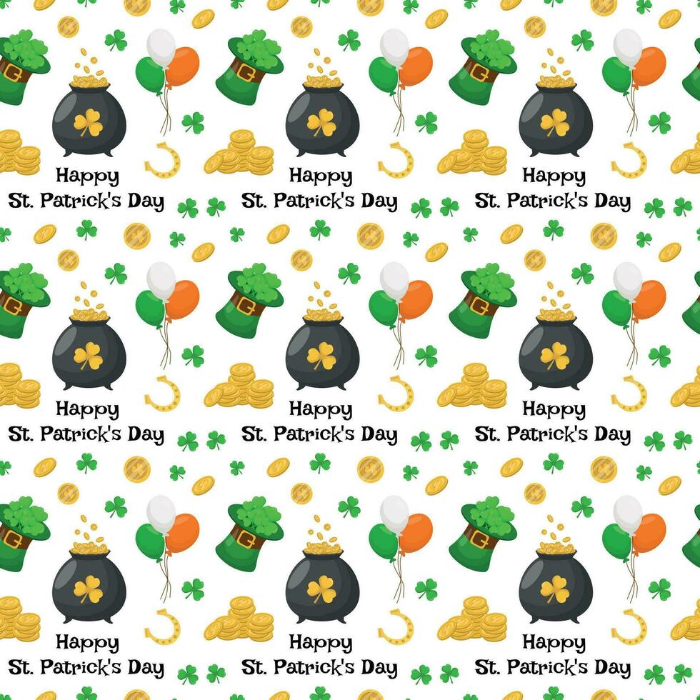 St. Patrick's Day seamless pattern with leprechaun hat, lettering, with balls of the colors of the Irish flag, clover, coins and a horseshoe on a white background. Vector illustration