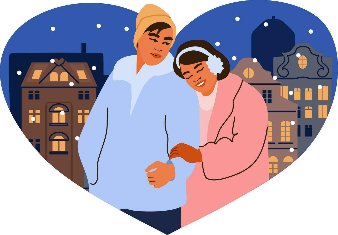 Hugging couple in winter clothes. A man and a woman in love. Winter time holidays romance. Valentine vibes. vector