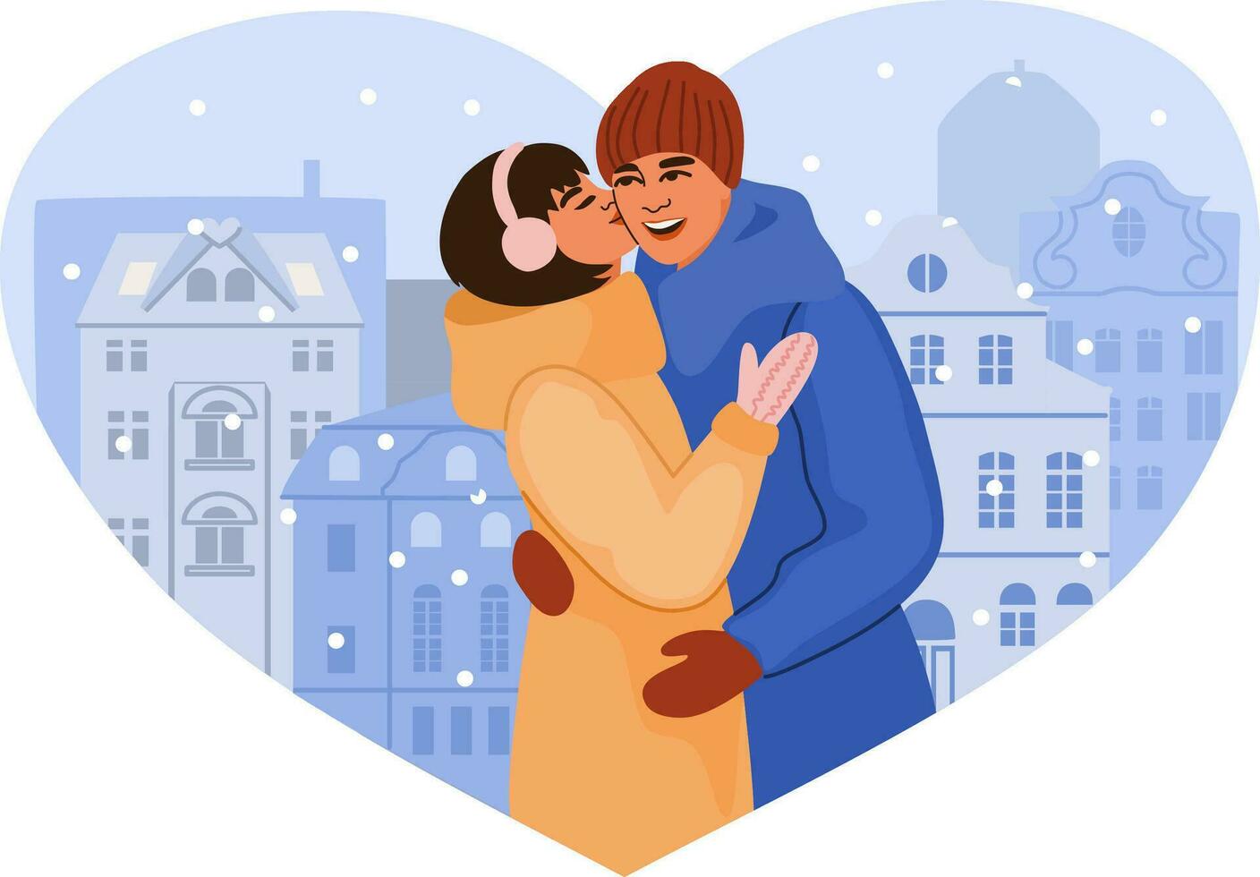 Happy young couple huggingin the outdoors. Romantic winter date. vector