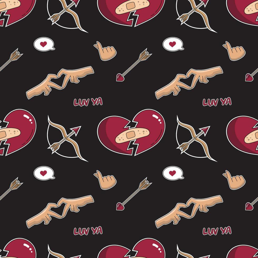 Seamless vector love pattern with a broken heart, a cupids arrow and a heart with hands. Break up.