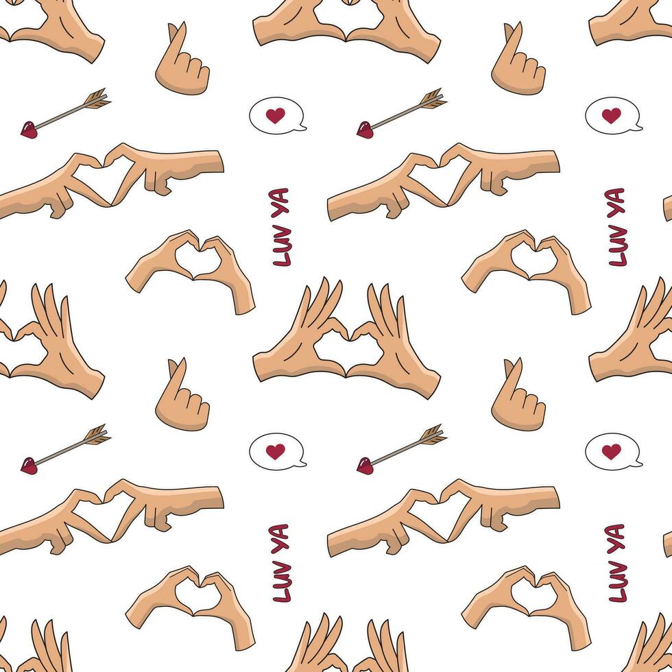 Seamless vector pattern with hands making a heart shape. Love pattern with hands. Valentines day pattern.