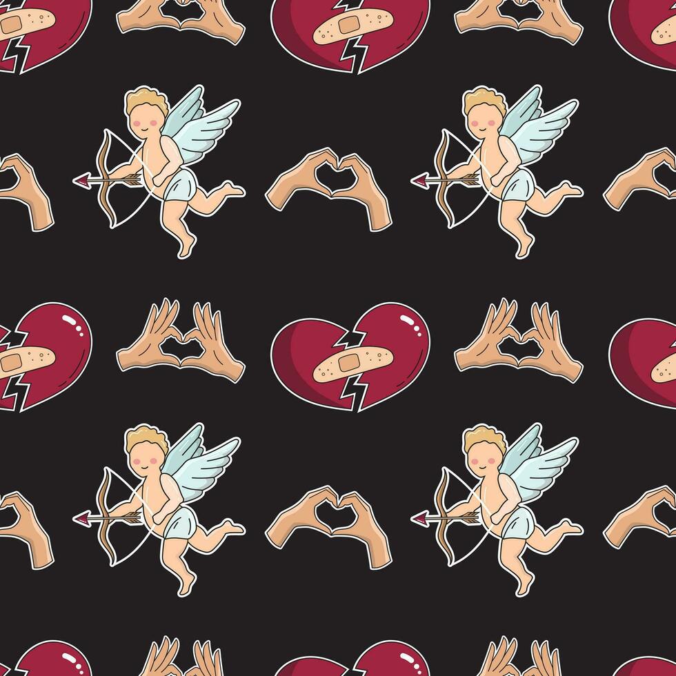 Seamless vector Valentines day pattern. Love pattern with hearts and Cupid. Heart with hands.
