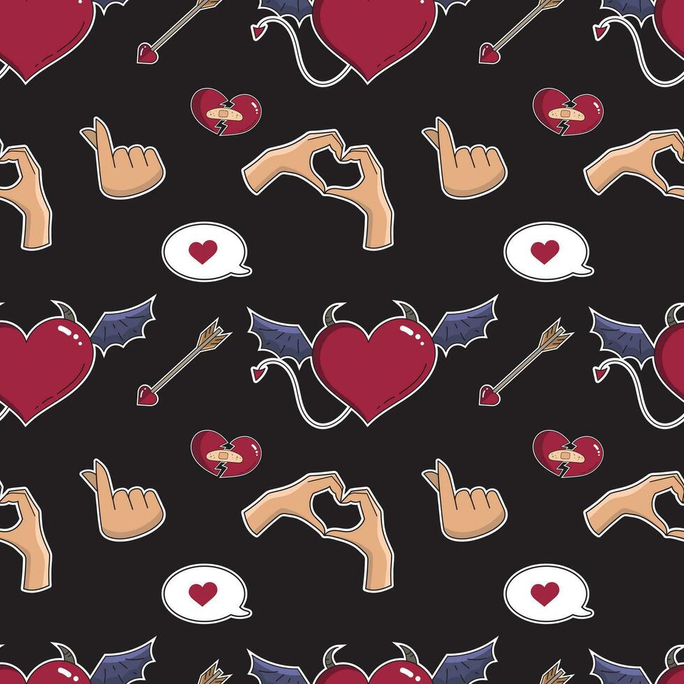 Seamless vector Valentine pattern. Love pattern with devil heart, heart with hands, cupids arrow.