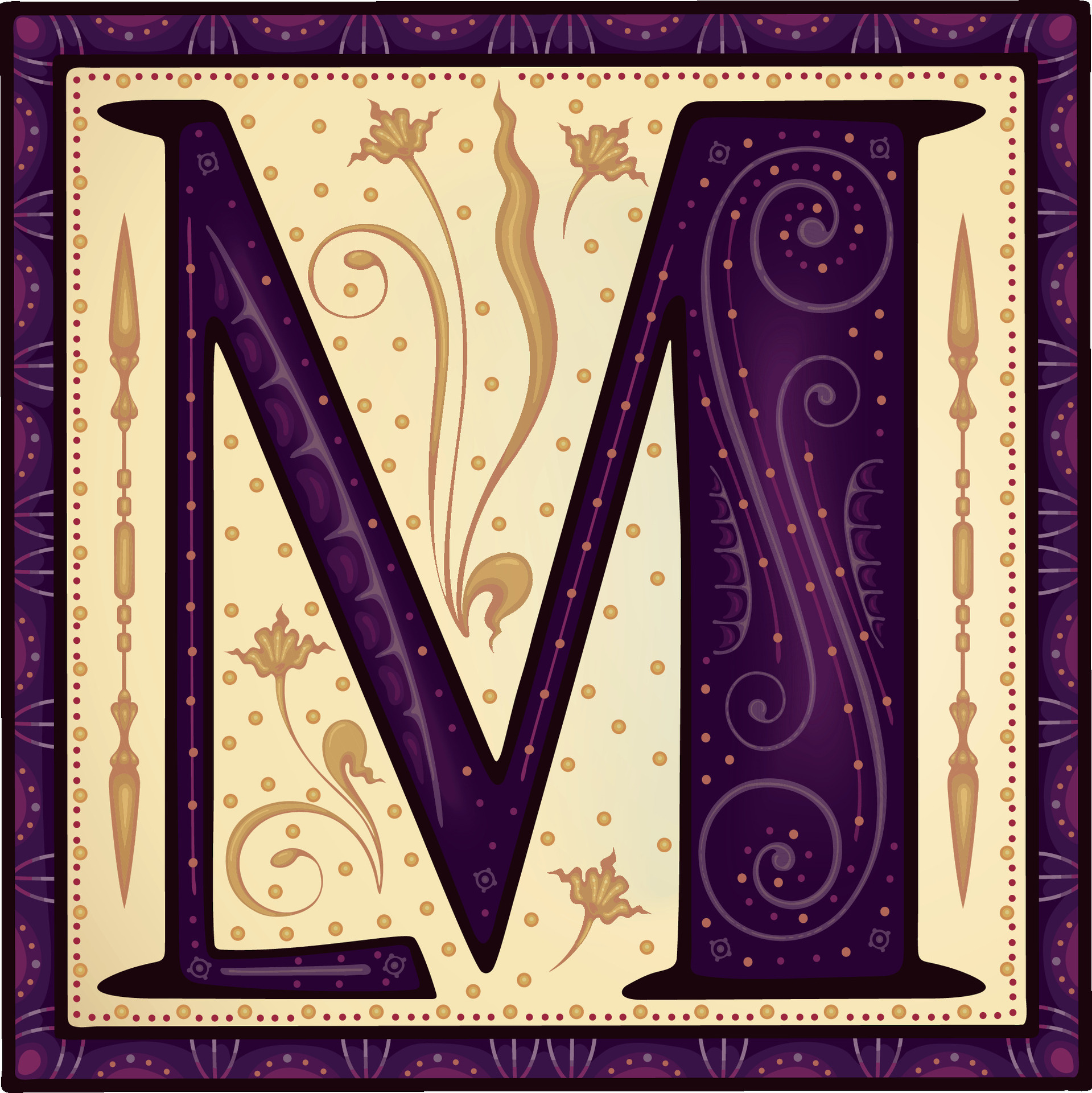 Medieval letter M .Font.Alphabet.Typeface.Ancient book miniature